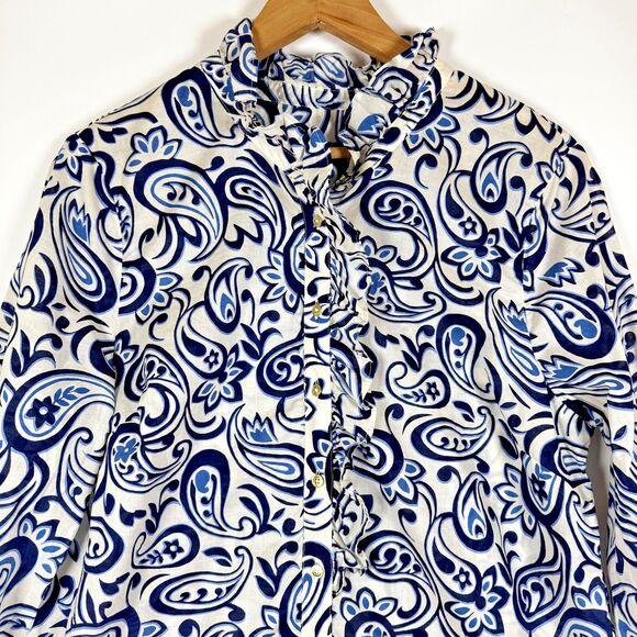 Talbots Shirt Womens Large Blue White Paisley Print Ruffle Button Up Cotton Top - Picture 2 of 14